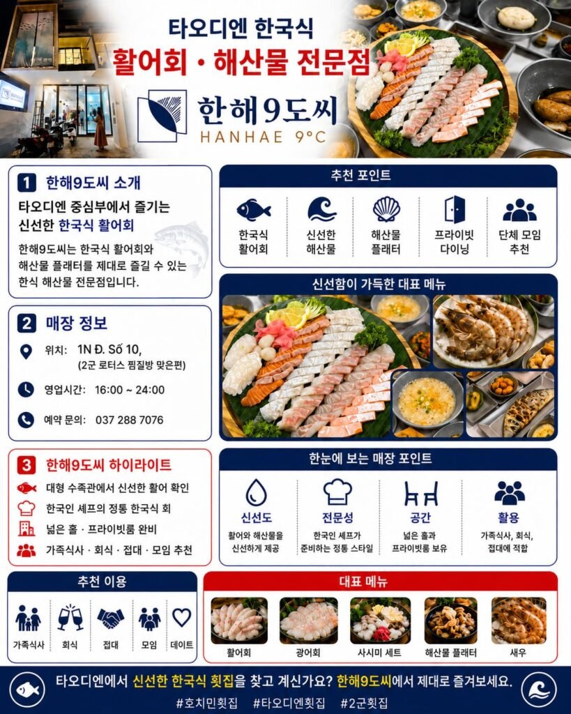 호치민 타오디엔 한해9도씨 한국식 활어회 해산물 전문점 인포그래픽, 신선한 사시미와 해산물 플래터, 프라이빗룸, 가족식사와 회식 추천 횟집 안내